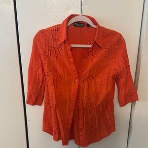 New York & Company Orange 3/4 Sleeve Fitted Button Down Shirt